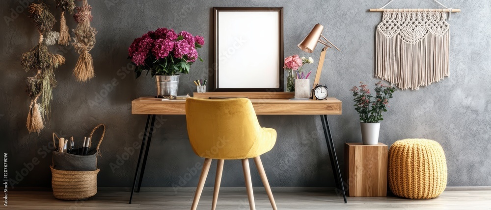 Poster cozy workspace featuring a rustic desk and comfortable chair with an elegant picture frame enhancing