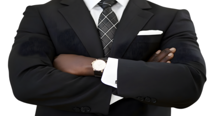 A person standing with one arm crossed over their chest and the other hand resting on their chin, wearing semi-formal attire, positioned centrally on a transparent background and taking up 50-80% 