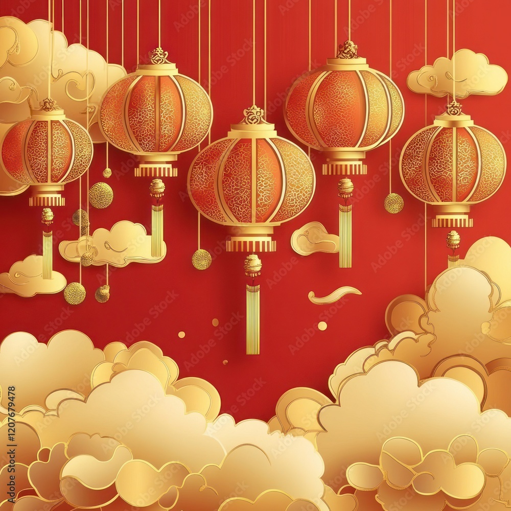 Poster red background with golden chinese lanterns and clouds. (2)