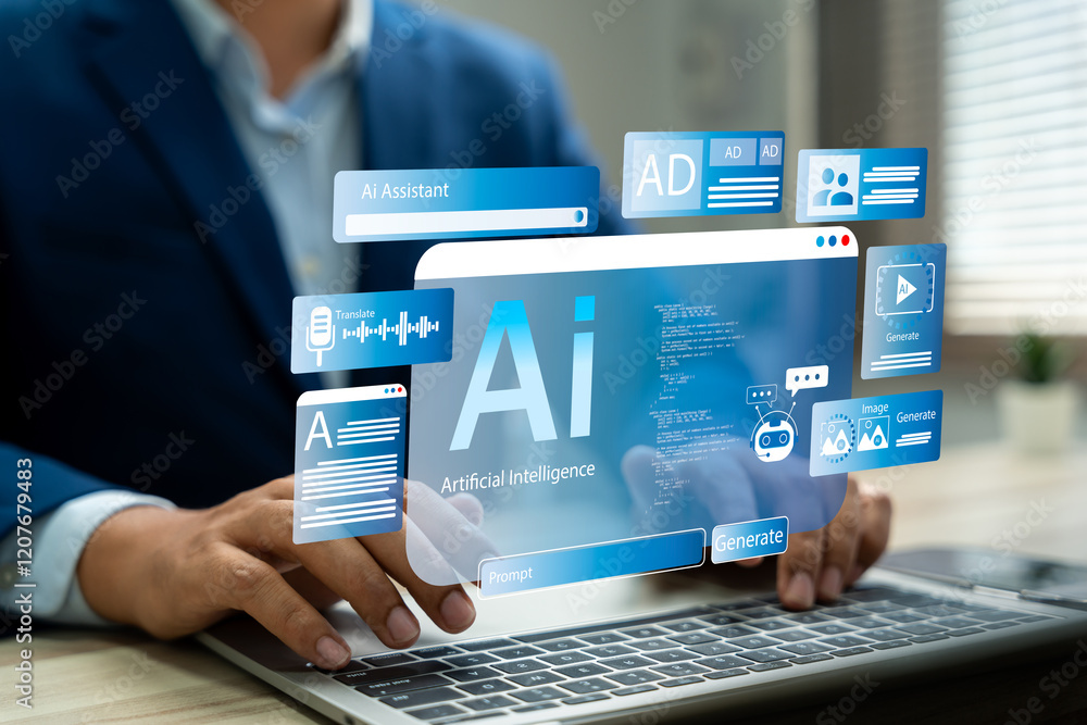 Poster Businessman use artificial intelligence AI technology for enhanced work efficiency data analysis and efficient tools, Unlocking work potential with AI solutions chatbot help solve work problems.