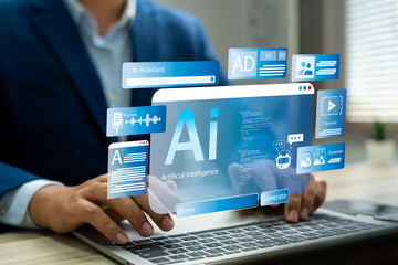 Businessman use artificial intelligence AI technology for enhanced work efficiency data analysis...
