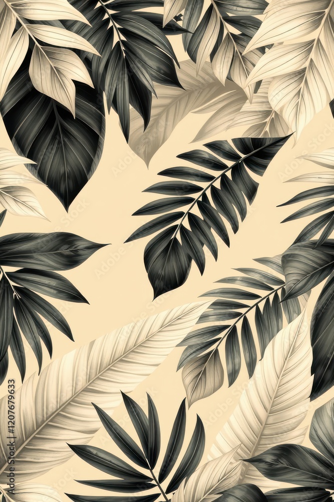 Poster elegant tropical leaves in monochrome tones, creating a sophisticated and calming botanical print. p