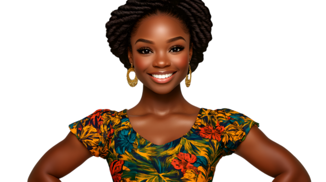A person standing with one foot slightly forward, hands on hips, and a playful smile, wearing colorful clothing, positioned centrally on a transparent background and taking up 50-80% of the 