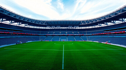 modern sports stadium on a sunny day, with empty seats and a breathtaking view from the stands overlooking the lush green field and blue sky