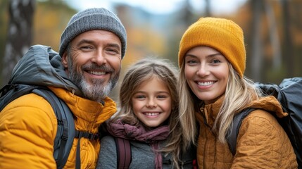 Fototapeta premium Happy family hiking autumn forest portrait