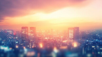 Fototapeta premium Modern urban skyline at dusk, panoramic view, blurred lower third for text