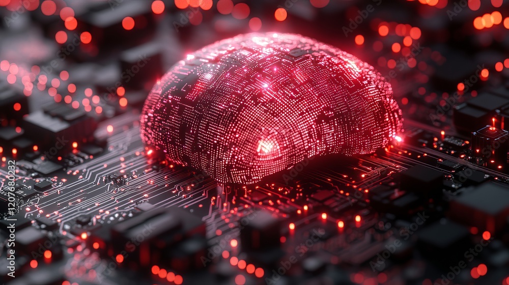 Aufkleber digital brain circuit board red technology ai data glow cyber lines
