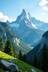 Obraz premium Majestic granite peaks rise above emerald forest, towering, mountain, nature