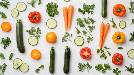 A variety of vegetables: tomatoes, carrots, cucumbers, broccoli, and bell peppers, isolated on white background