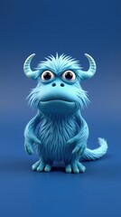 Fototapeta premium Cute blue furry monster with horns. Perfect for children's books, animation, or playful designs. Friendly and expressive character.