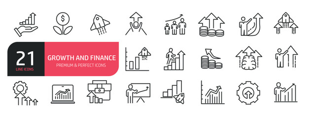 Set of line icons related to personal growth, revenue growth, rocket launch, presentation, computer graphic. Outline icons collection. Editable stroke. Vector illustration.