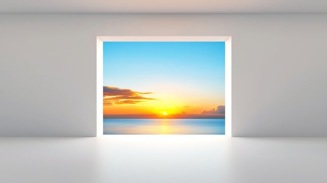 Fototapeta A serene view of a sunset over the ocean seen through a bright window in a minimalist room.