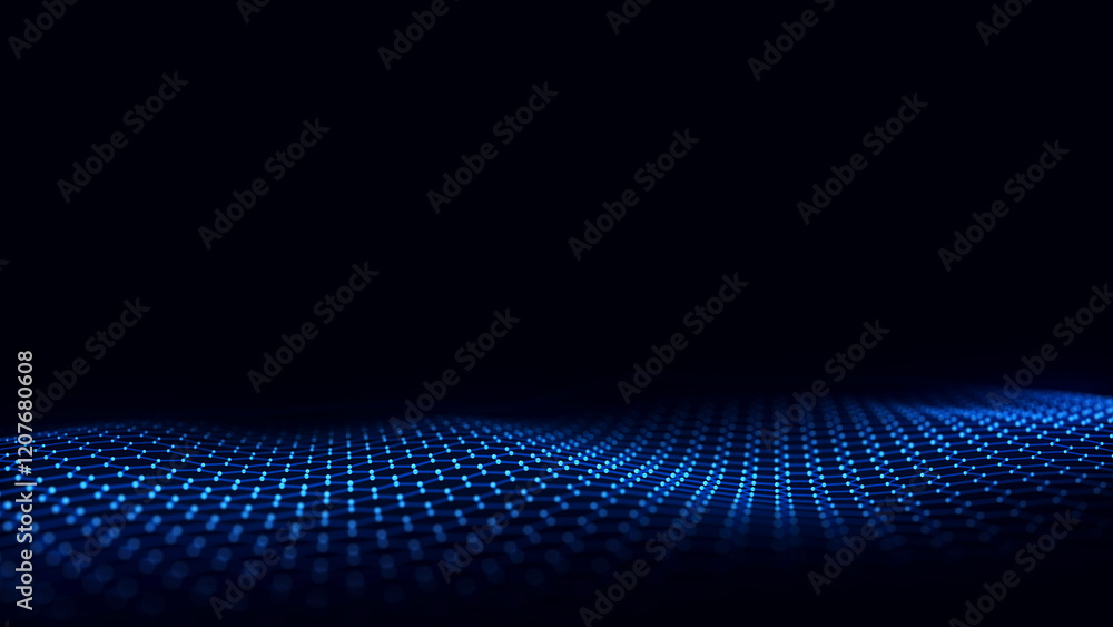 Poster Abstract hexagon wave with blue light on black background. Science background with moving dots ang lines. Network connection technology. Digital structure with particles. 3d rendering.