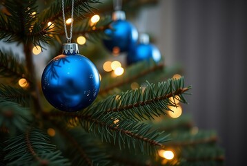 Close-Up of Shiny Blue Christmas Ornaments on a Pine Tree with Blurred Background Lights