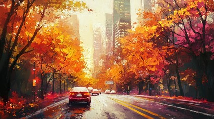 oil painting style illustration, urban city street with autumn trees along the road