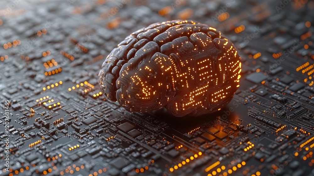 Poster digital brain circuit board technology ai concept 3d chip dark data