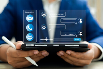 AI chatbot support,Businessman using digital chatbot app for virtual customer service and instant...