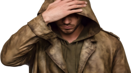 A person standing with one hand shielding their eyes as if looking into the distance, wearing outdoor clothing, positioned centrally on a transparent background and taking up 50-80% of the image 