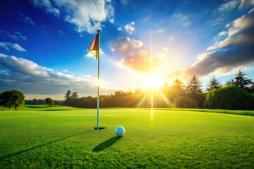 Obraz premium Summer golf scene: High-definition image with a detailed golf flag, lush green grass, and exceptional depth of field.