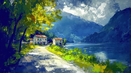 oil painting illustration, beautiful small Italian town with flower blossom spring season