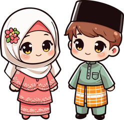 Cute muslim boy and girl. Happy Ramadan, Happy Fasting Day. Selamat Hari Raya Aidilfitri greeting card cartoon character.