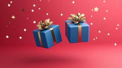 Two Colorful Gift Boxes with Golden Bows Floating Above a Festive Red Background with Gold Stars, Ideal for Holiday and Celebration Themes, Perfect for Promotional Use