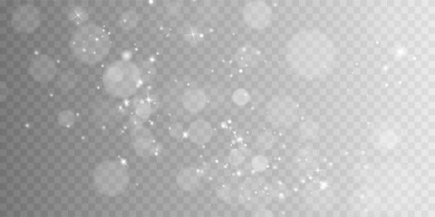 Light abstract glowing bokeh highlights. Light bokeh effect isolated on transparent background. The Christmas background shines from the dust.	