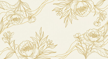 Golden line art flower and botanical leaves with organic shapes and Watercolor Background for Banner, Poster, Web, Packaging.