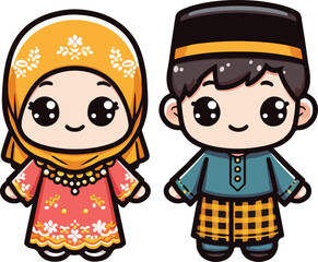 Cute muslim boy and girl. Happy Ramadan, Happy Fasting Day. Selamat Hari Raya Aidilfitri greeting card cartoon character.