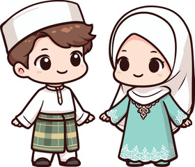 Cute muslim boy and girl. Happy Ramadan, Happy Fasting Day. Selamat Hari Raya Aidilfitri greeting card cartoon character.