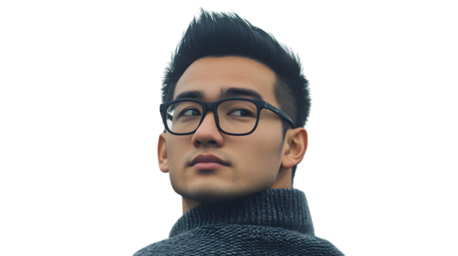 A person standing with their back turned and head slightly looking over one shoulder, wearing casual attire, positioned in the center of a transparent background and taking up 50-80% of the 