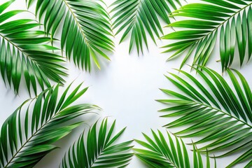 Fototapeta premium Summer vacation awaits! White background showcases vibrant tropical palm leaves, ideal for text.