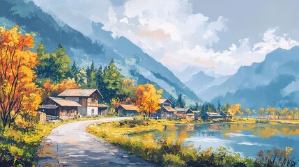 oil painting illustration, Asian rural countryside with river and small town surround with green forest and mountains