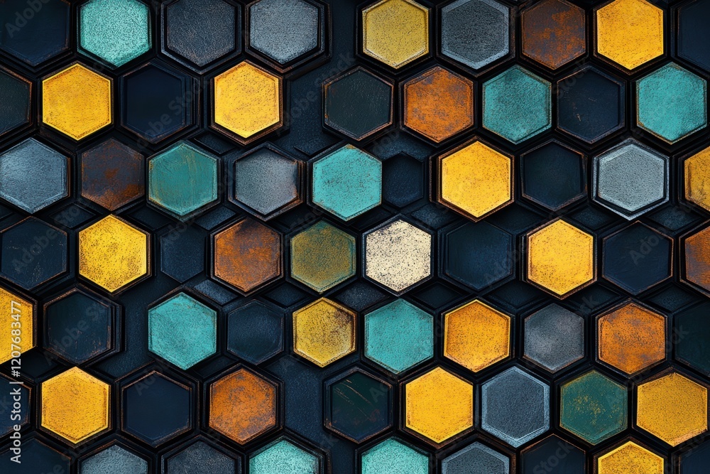 Aufkleber graphic pattern featuring interconnected hexagons in a vibrant color palette