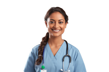 Smiling Indian Nurse in Professional Uniform with Stethoscope, Compassionate Healthcare Worker, Transparent Background, Ideal for Medical, Healthcare, Wellness, Patient Care, and Health Concepts. PNG.
