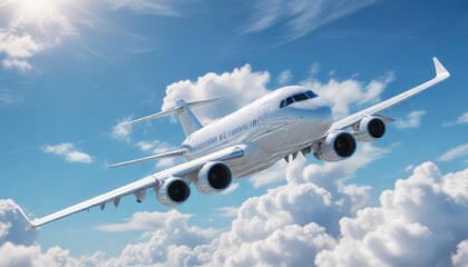 Big white airplane glides smoothly through the bright blue sky with scattered clouds, aircraft, flight, wing