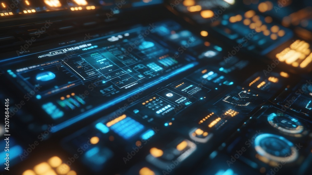 Poster futuristic control panel with glowing blue and orange lights displaying complex data and information