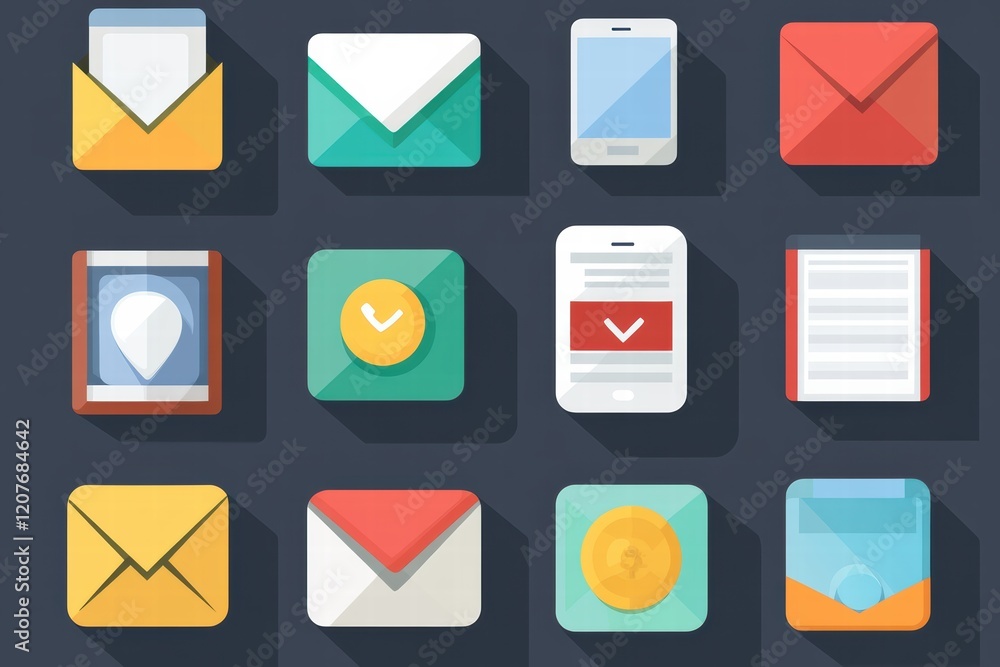 Poster flat icons for web design featuring mail and phone elements arranged in a grid layout
