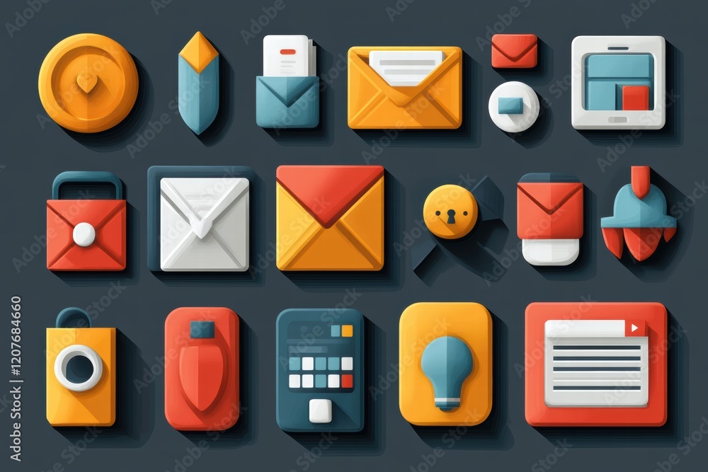 Poster flat icons collection for web design featuring mail, phone, and various interfaces