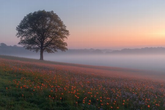 Expansive rural landscape featuring a solitary tree at sunrise in a misty setting
