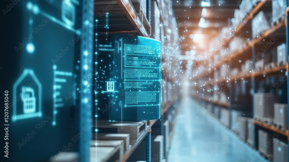 Poster futuristic inventory management system using augmented reality and data analysis is optimizing wareh