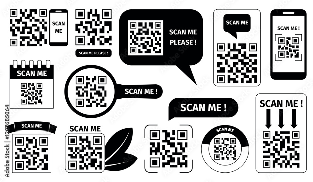 Poster barcodes for scan. qr codes badges, e wallet, digital payment template for app or site. scan me mobi