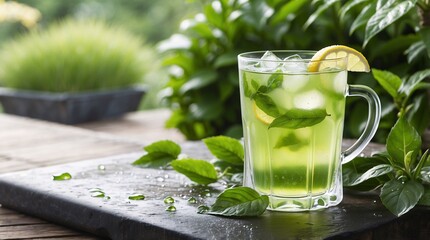 A serene garden scene featuring a glass of iced green tea with condensation droplets on the surface