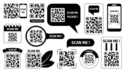 Barcodes for scan. Qr codes badges, e wallet, digital payment template for app or site. Scan me mobile and printable elements, id recent vector design