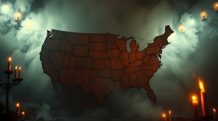 Spooky US map with candles and smoke.