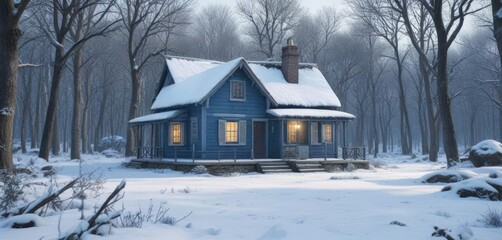 Blue cottage in a snowy forest with bare branches, tree limbs, frosty, snowflakes