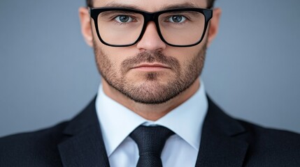 Confident Professional: A close-up portrait of a confident businessman wearing glasses, exuding an air of professionalism and determination, making direct eye contact with the viewer.  