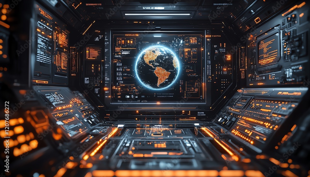 Poster advanced digital interface displaying a 3d globe, surrounded by holographic graphics with orange hig