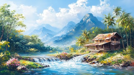 Naklejka premium oil painting illustration, small cottage home at rural countryside of Thailand