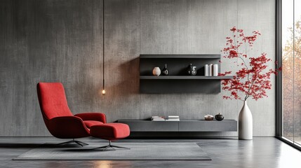Vibrant Red Chair Beside Elegant White Vase in Cozy Interior Space Evoking Warmth and Comfort in a Stylish Room Setting